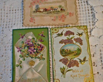 3 Antique Postcards FLOWER & COUNTRTY FARM Scene Embossed Gilded Purple Lilacs Violets Pink Forget Me Not Rich Litho Color Junk Journal Find