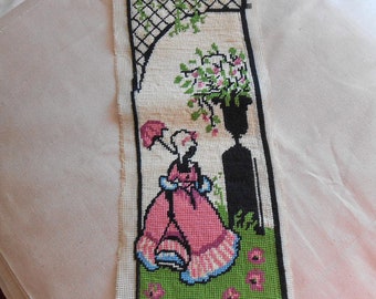 GARDEN LADY Wool NEEDLEPOINT Panel Finished Silhouette Design Pink Period Dress Parasol Lattice Flowers Green Grass Vintage 6 x 16 to Frame