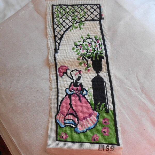 GARDEN LADY Wool NEEDLEPOINT Panel Finished Silhouette Design Pink Period Dress Parasol Lattice Flowers Green Grass Vintage 6 x 16 to Frame