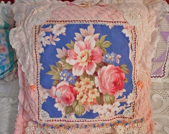 Pink ROSES PEONY & BLUE Forget Me Not Chenille Pillow Cover Vintage Floral Print Wedding Lace Sequins Ribbon Buttons Meg Perry Design 20" sq