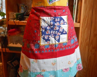 FEEDSACK COLLAGE Half APRON Red Yellow Blue Teal Farmhouse Fabrics Vintage Quilt Block Pocket, Sunny Yellow Sashes Handmade Fits Most Szs