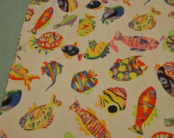 Novelty TROPICAL FISH Fabric Colorful Neon Red Yellow Purple Fishes on Ivory Cotton 42" x 36" BTY Alex Henry Collection Clothing Pillows