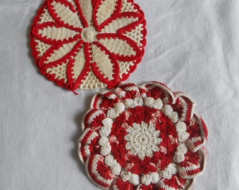 2 RED and WHITE Round Crochet Pot Holders Textured Geo Stitches Unused Vintage 1940 Table Protector Hand Crafted Kitchen Wall Art Finds