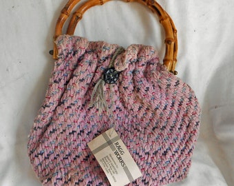 Hand Woven LAVENDER CLOTH BAG Upcycled Cotton Remnants Removable Bamboo Purse Handles Fully Lined Pocket Soft Roomy Preowned 12" x 12" Ks