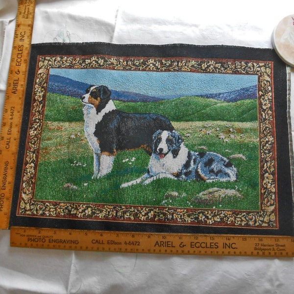 COUNTRY DOGS TAPESTRY Textured Panel 19 x 13.5 Scenic Green Pasture Flock Blue Sky Detailed Brown Black Borders Pillow Front Wall Hanging