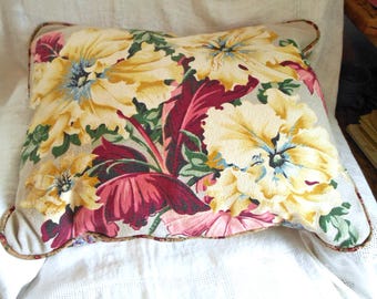 Barkcloth Pillow Cover Lush Hibiscus Blooms Leaves Button Back Spectrum Vat Dyed Cotton