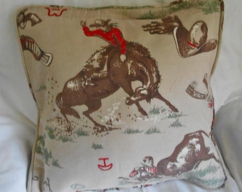 COWBOY & Bucking BRONCO Pillow Cover Vintage Yippee Ki Yay Cotton Print Lasso Calf Earth Colors Piping Burgundy Tan Back Button Opening 16"