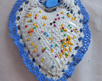 Pretty SATIN HEART PINCUSHION Blue & White Lace Crochet and Ribbon Trim Hand Crafted Sewing Accessory Pins Vintage Collectible Vanity Decor