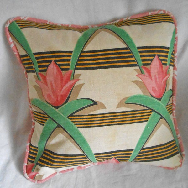 Art Deco PINK TULIPS PILLOW Cover Spring Blooms Gold & Black Geo Stripes Green Sword Leaves Matelasse Back Button Opening Vintage Fabric 15"