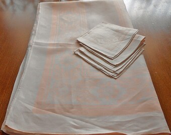 Pastel PEACH DAMASK Tablecloth & 4 NAPKINS Set Geo Flowers and Stripes Design Woven Cotton 54" x 66" Napkins 13" sq Starched 1950s Find