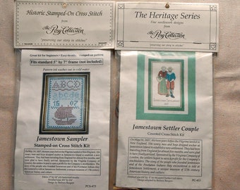 2 JAMESTOWN Cross Stitch Kits Unopened Buy 1 or Both Heritage Series Posy Collection Finds Sampler and Settler Couple 14 Mesh Aida Cloth