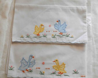 Cute DUCKS CRIB SET Pillowcase and Flat Sheet 36 x 54 Embroidered Yellow & Blue Birds on Sparkling White Cotton Vintage Very Light Use