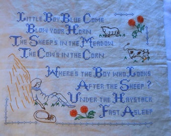 Little BOY BLUE SAMPLER Embroidered 18" x 16" Floss Cross Stitch Quilt Block or Pillow Case Cover or Frame Hand Crafted Needles N Hoops Find