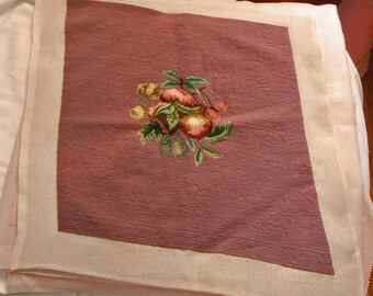 LUSCIOUS FRUITS Finished NEEDLEPOINT Apple Cherries Plums Pear Rich Color Rose Mauve Wool Background to Frame or Project 18" Unused Find