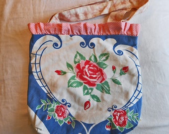 Soft RED ROSES PURSE White Blue Hearts Stripes Polka Dots Antique Lace Ruffle Wrist Handles Vintage Cherry Bakelite Button Handmade Upcycled