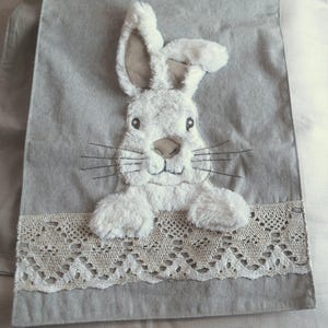 Bunny Runner or Scarf Fluffy 3D Rabbit on Linen Reusable Easter Table Decor
