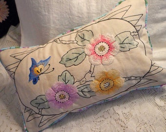 Blue BUTTERFLY & FLOWER Pillow Embroidered Art Deco Pastel Blooms Black Outlines Piping Button Back 12 x 20 + Insert Handmade Upcycled Find