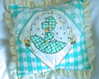 Quilt Block Pillow Cover Aqua Gingham Sunbonnet Sue Daisies Hollyhocks Handmade Reused Remnant