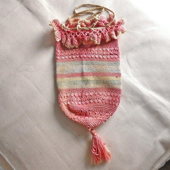 Netted Reticule Knitted Drawstring Bag Antique Rose Cotton Reticule C… - Gem