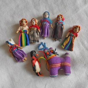 PERU WORRY DOLLS Lot Hand Crafted Folk Finds + Purple Kitty & Penguin Pin Bright Colored Hand Loomed Cotton Dresses Andean 2&quot; h Mini Gifts