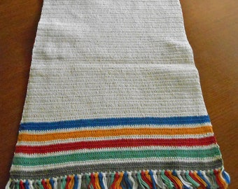 STRIPED CROCHET Table RUNNER Dresser Scarf Off White Cotton Blue Gold Red Green Olive Bands & Fringe Vintage Arts Crafts Find 1940s 12 x 33