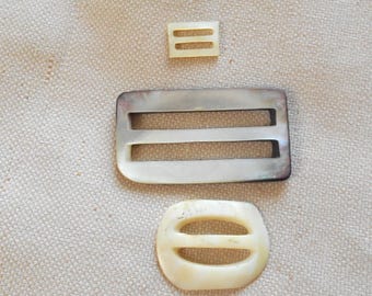 3 Mother of Pearl Belt Buckles Lot Scarf Slides Antique Nacre Art Deco Clothing Accents