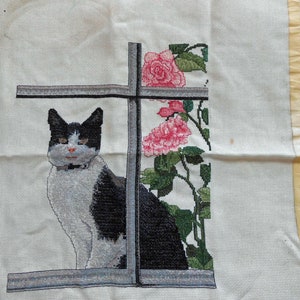 Pretty KITTY CAT Preworked Counted Cross Stitch Black & Gray Cat Window Sill Pink Roses 18 Count Aida Cloth 15 x 18 to Frame or Pillow image 1