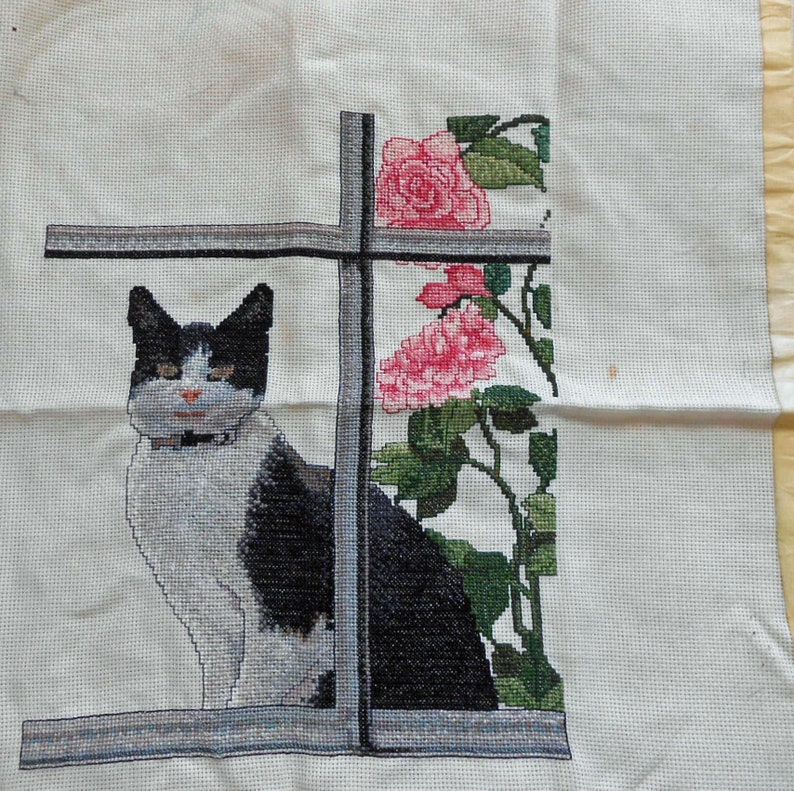 Pretty KITTY CAT Preworked Counted Cross Stitch Black & Gray Cat Window Sill Pink Roses 18 Count Aida Cloth 15 x 18 to Frame or Pillow image 1