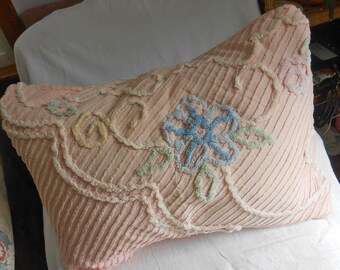 Pink CHENILLE PILLOW COVER Sham, Blue Daisy Mint Green Leaves Scrolls Soft Pastel Colors Fluffy Tufted Textured Upcycled Cotton 19 x 25