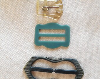 3 Bakelite Belt Buckles Lot Scarf Slides Clear Green Black Antique Art Deco Clothing Accents