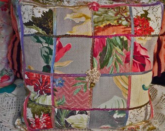 BARKCLOTH COLLAGE Pillow Cover Pretty Flowers Leaves Peony Vat Dyed Patches Ribbons Trim Antique Roses Button Back 16" Upcycled OOAK Find