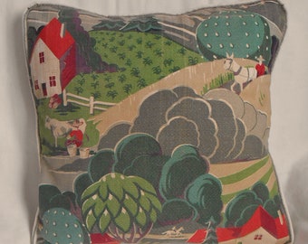 COUNTRY FARM BARKCLOTH Pillow Cover Grandma Moses Style Scene House Barn Horses Cow Trees Farmer Upcycled Vat Dyed Vintage Ticking Back 15"