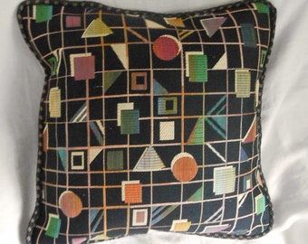 Woven GEO TAPESTRY Pillow Cover Textured Stripes and Shapes Colorful Tones on Black Dark Cotton Back Button Opening 17" Handmade Accent