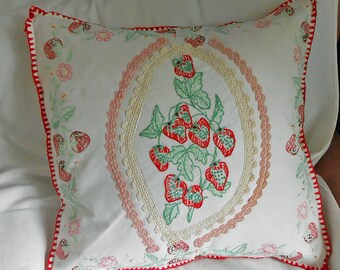Divine RED STRAWBERRIES Pillow Cover Pink Blossoms Green Leaves Slow Stitch Embroidery Lace Trim Button Back 3 Upcycled Tablecloths 18" sq