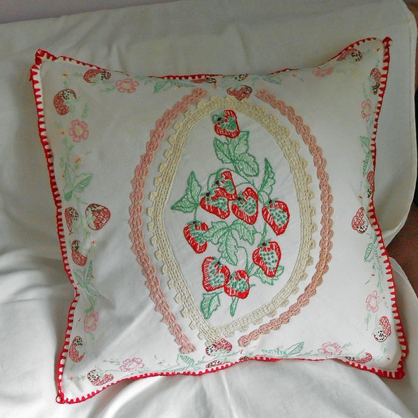 Divine RED STRAWBERRIES Pillow Cover Pink Blossoms Green Leaves Slow Stitch Embroidery Lace Trim Button Back 3 Upcycled Tablecloths 18" sq