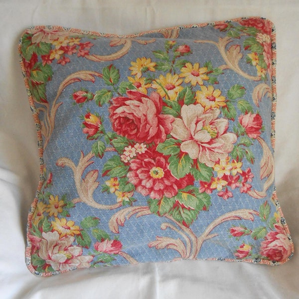 ROSE BOUQUET PERIWINKLE Pillow Cover Ivory Scrolls Spring Daisies Zinnia 1940s Diamond Weave Cotton Piping Button Opening 16" sq Throw