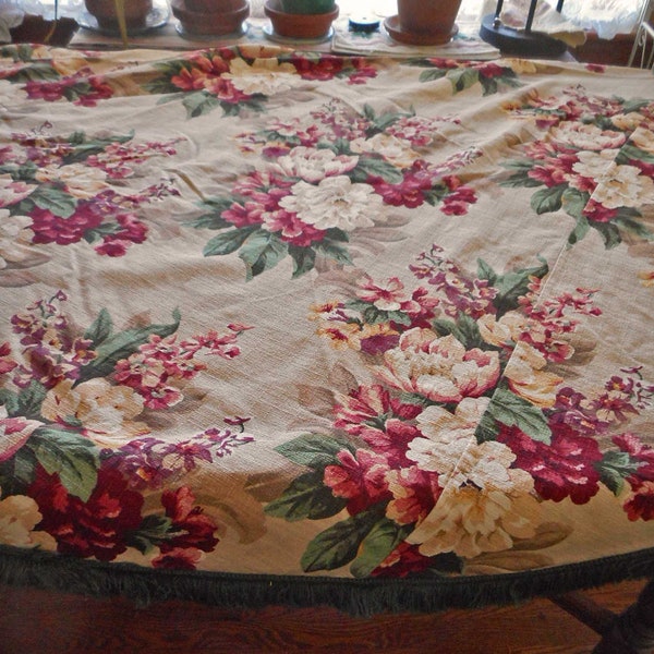 FLOWER BOUQUET BARKCLOTH Round Tablecloth Roses Peony Delphiniums on Ecru Textured Vintage Vat Dyed Fabric Green Brush Fringe 92" dia Find