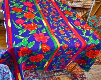 Bright RED FLOWERS & Stripes Rich BLUE Textured Fabric, 54" x 52" Table Cover Preshrunk Cotton Pillows Chair Seats Tote Bag Quilt Sqs