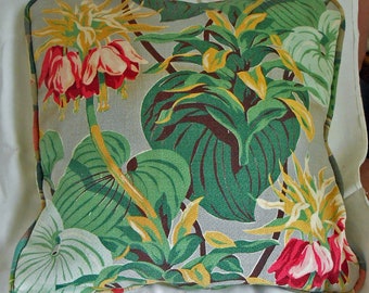 TROPICAL FRITILLARIA & LEAFY Green Barkcloth Pillow Cover Textured Vat Dyed Standish 1940s Fabric Piped Edge 2 Button Back MyBPStudio 16"