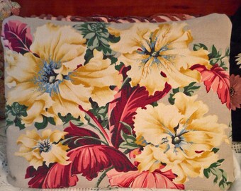 1930s BARKCLOTH PILLOW SHABBY TROPICAL FLOWERS BEACH COTTAGE CHIC Lg 2 AVAILABLE 