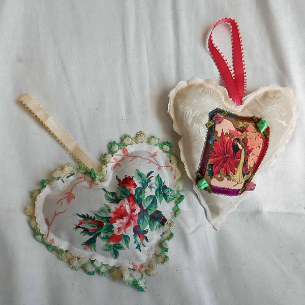 2 LAVENDER SACHET HEARTS Pretty Rose Bouquet with Vintage Rick Rack Trim or Flower Lady Silk Print Pink Satin Roses Sparkly Trim Buy 1 or 2