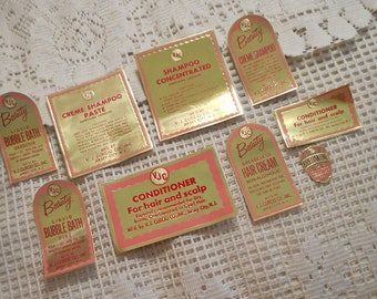 Vanity GOLD Foil & PINK Embossed LABELS 9 Art Nouveau Shampoo Cond. Bubble Bath Brilliantine, 1910s Curcio Co Unused Junk Journal Stickers