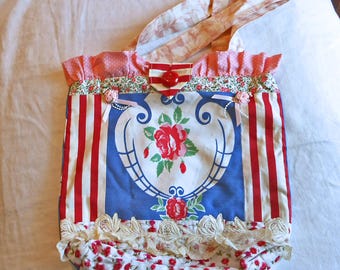 Red Roses Purse Top Handles Ruffles Vintage Bakelite Button Reclaimed RWB Cotton Tablecloth