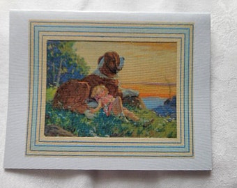 ST BERNARD Note Cards Loyal Sentinel Dog Protecting Sleeping Girl Trees Lake Vintage Elsley Ad Repro Buy 4 or 8 Acid Free Blank Paper & Env