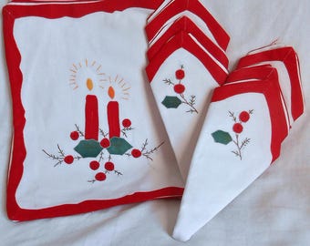 Set of 6 Vintage Candle Holly Placemats & Napkins Hand Sewn Cotton Table Linens Unused