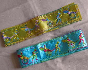 2 ASIAN Theme SATIN TRIMS Embroidered Golden Celadon & Aqua Blue Red Green Lavender Yellow Stitches 2.25" w Buy 1 or 2 Sewing Crafts