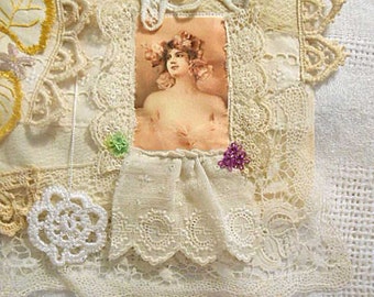 LADY in LACE Fabric COLLAGE Silk Print Ivory & Sepia Trim Tatting Gold Leaf Embroidery Violets Jade Token Vanity Wall Decor Meg Perry Design