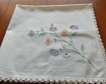 Embroidered ASTERS Ivory Tablecloth Dainty Purple Pink Yellow and Blue on Green Stems Crochet Flower Edging 34" x 36" Small Table or Topper