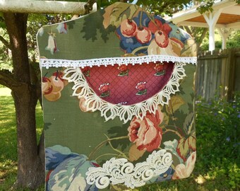 Clothespin Bag ROSE & CHERRY Printed Green Fabric Fresh Air Laundry Drying + 36 Pinch Pegs Roomy Pocket Hanger Lace Sturdy Handmade Original