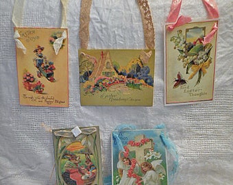5 EASTER BASKET HANG Tags Colorful Angel Rabbits Lily Valley Roses Flowers Wheelbarrow Egg Dyeing Bee Hang Ribbon Handmade Junk Journal Art
